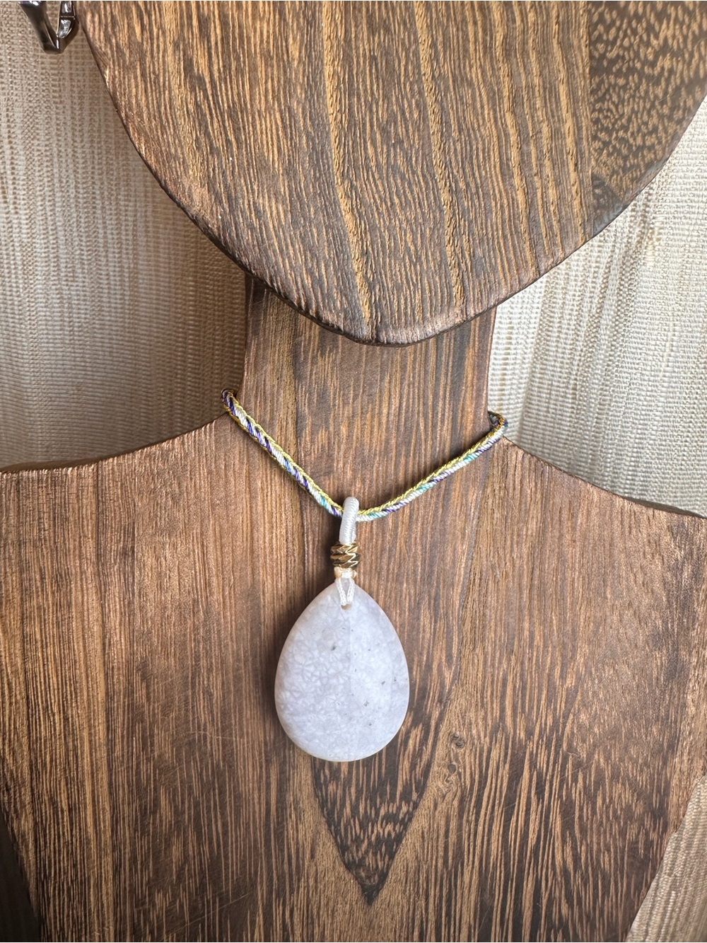 White Coral Fossil Teardrop Pendant Necklace on Blue and Gold Rope - Picture 7 of 13